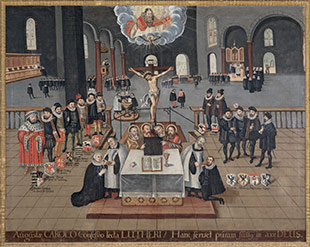 Austeilung des Abendmahls in Gegenwart der protestantischen Fürsten (Konfessionsgemälde aus Luckau)
1689; Öl auf Holz
Ev. Kirchengemeinde St. Nikolai Luckau
Foto: Thomas Kläber